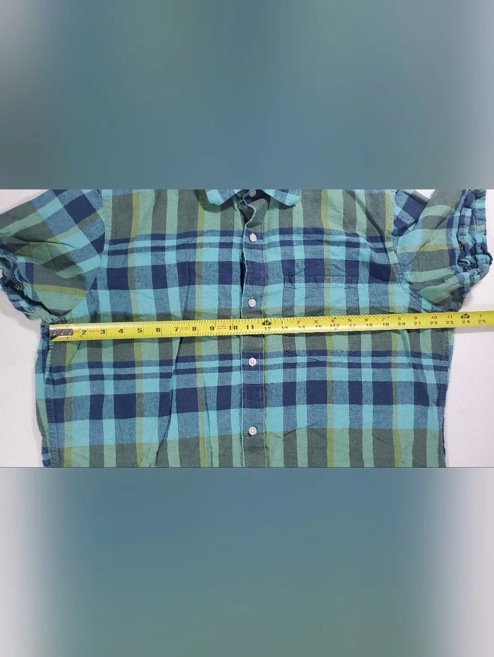 Banana Republic Mens XL Shirt Blue Green Plaid Linen Cotton Short Sleeve Pocket